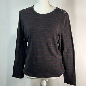 Lauren Ralph Lauren Striped Long Sleeve‎ TShirt Womens  L Button Shoulder Detail